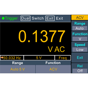 Digital multimeter display showing 0.1377 VAC reading. Interface includes function buttons, range settings, and measurement options visible on the screen.