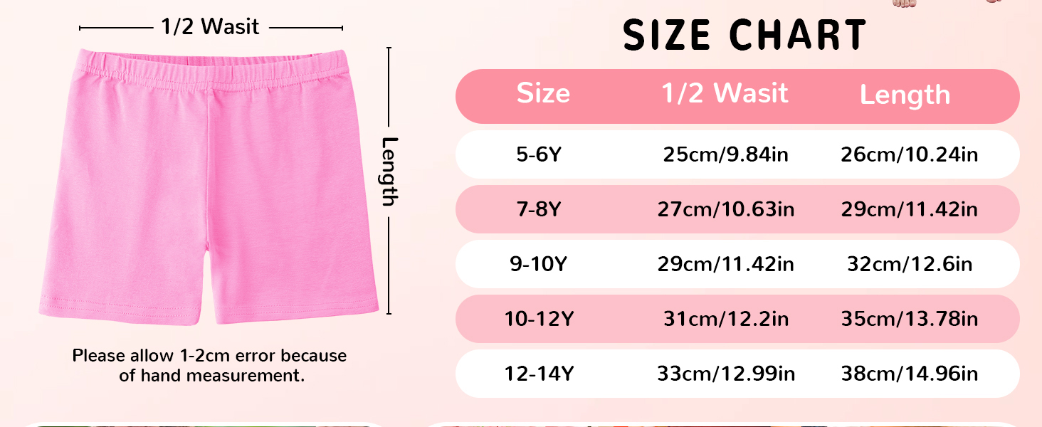 BOOPH Girls Shorts Size Chart