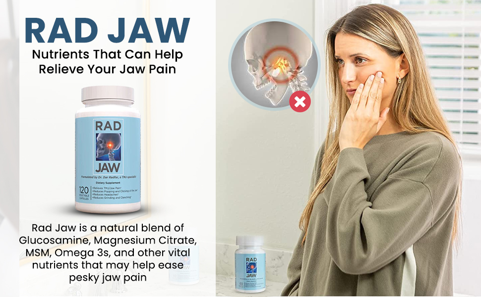 a woman holding her jaw, she is in pain and radjaw pill are advertised to solve the issue