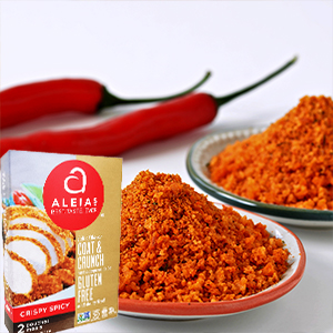 Aleia's Coat & Crispy Spicy package with the breading crumbs displayed on plates
