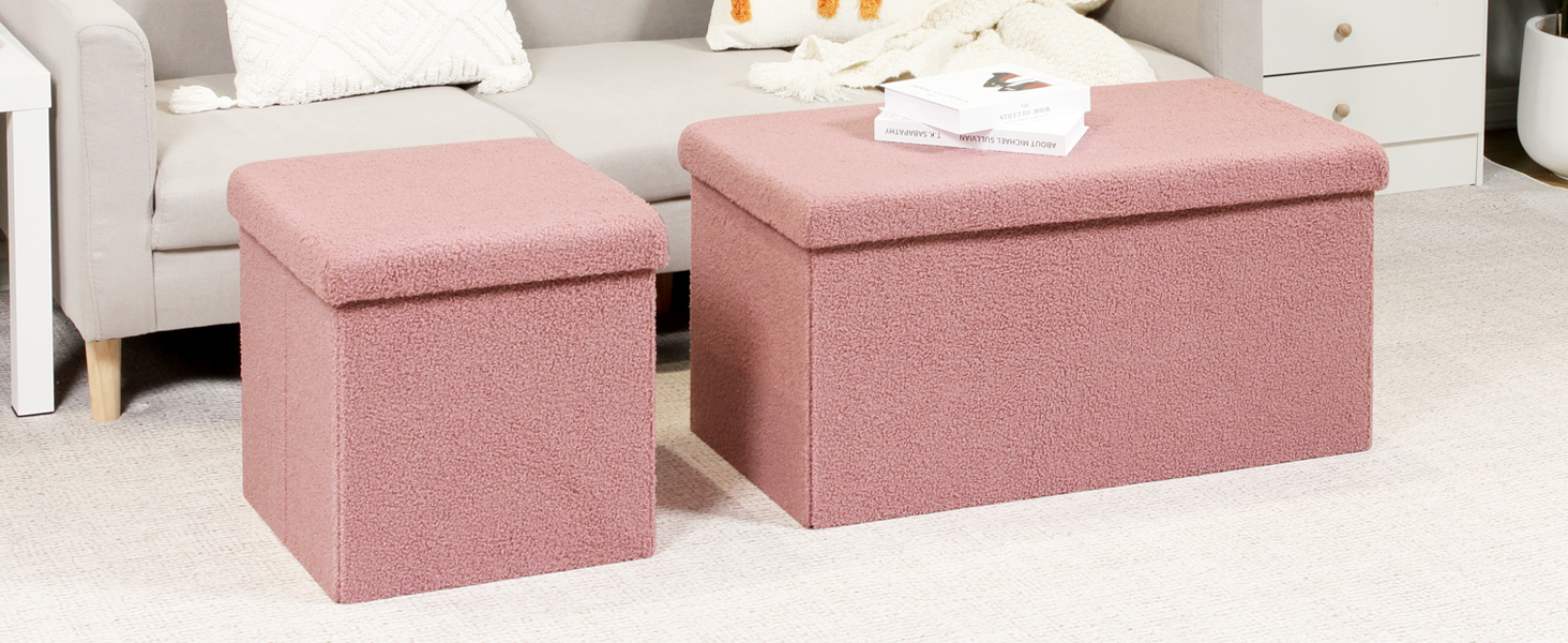 PINPLUS Folding Storage Ottoman Bench, Grey Upholstered Sherpa Ottoman