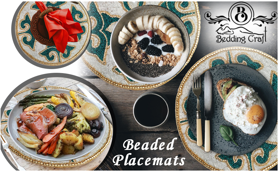 Beaded Placemats for Dining Table Dia 13 inches Teal Gold