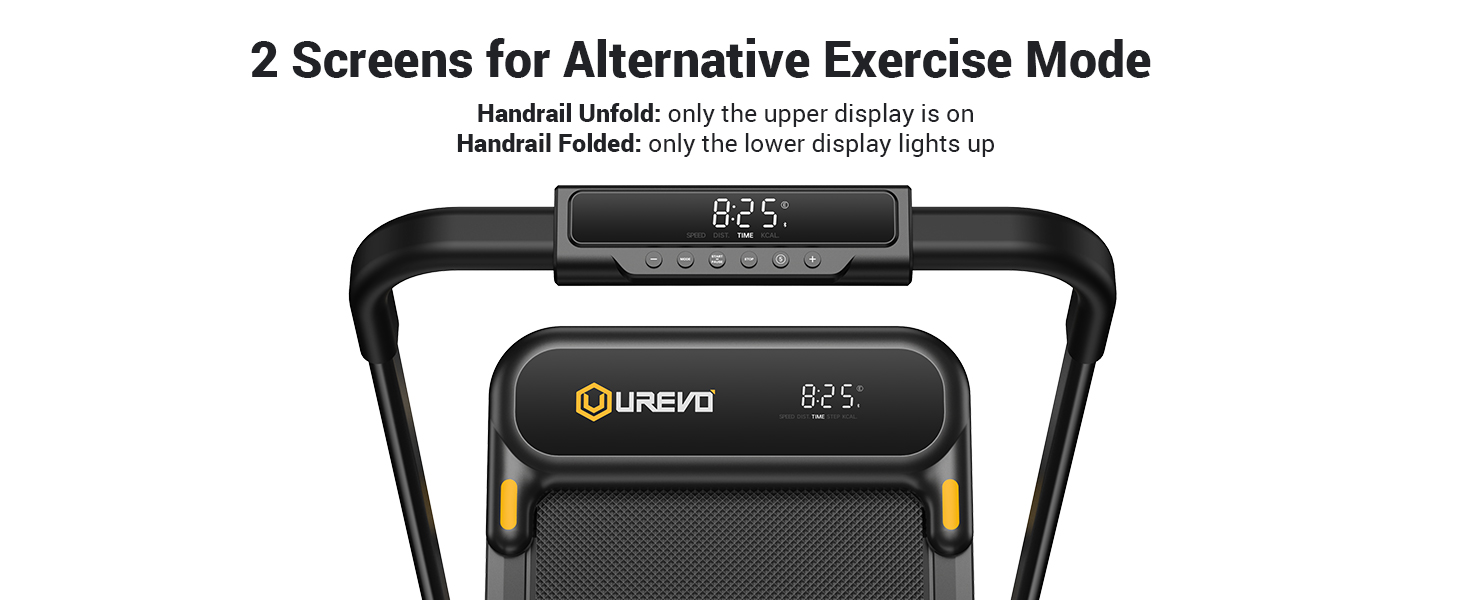 UREVO 2 in 1 Under Desk Treadmill showing two screens: with the handrail unfolded, the upper display is active, and with the handrail folded, the lower display lights up for alternative exercise modes.