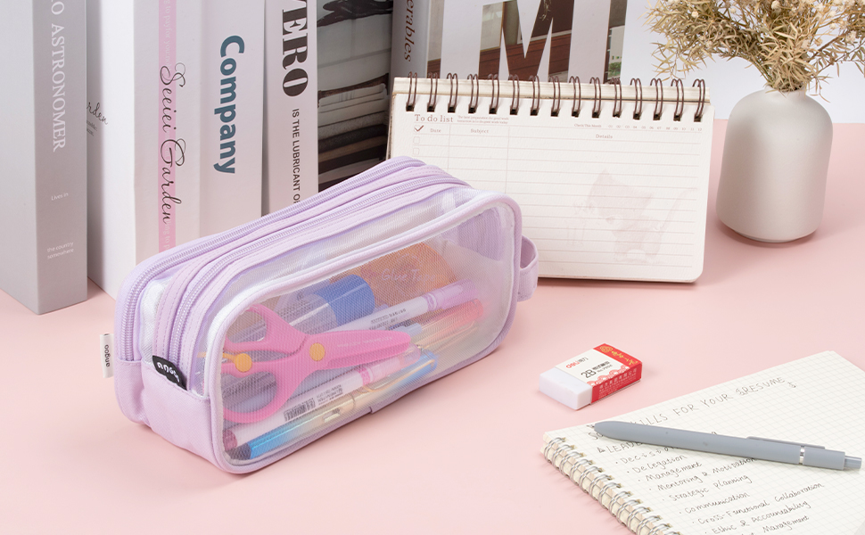 Large Grid Mesh Pencil Case, Clear Pencil Case with 2 Compartments