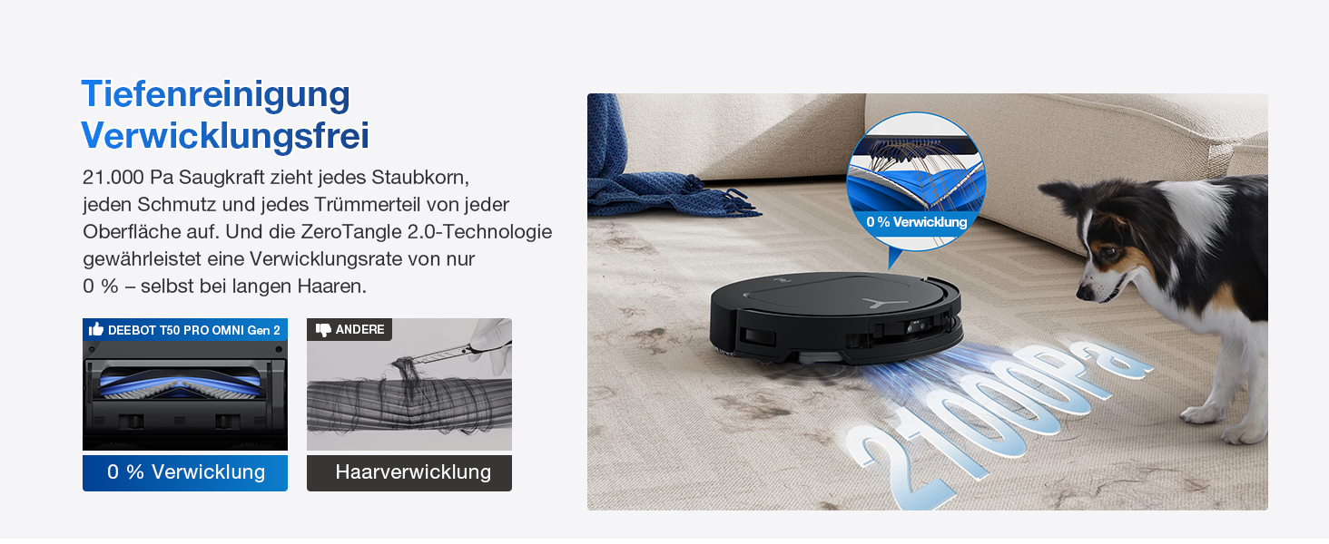 Demonstration eines Roboterstaubsaugers, der den Betrieb ohne Verheddern zeigt, mit Vergleichsbildern von herkömmlichen Bürstenrollen mit denen, die sich nicht verheddern, auf einer Teppichoberfläche.