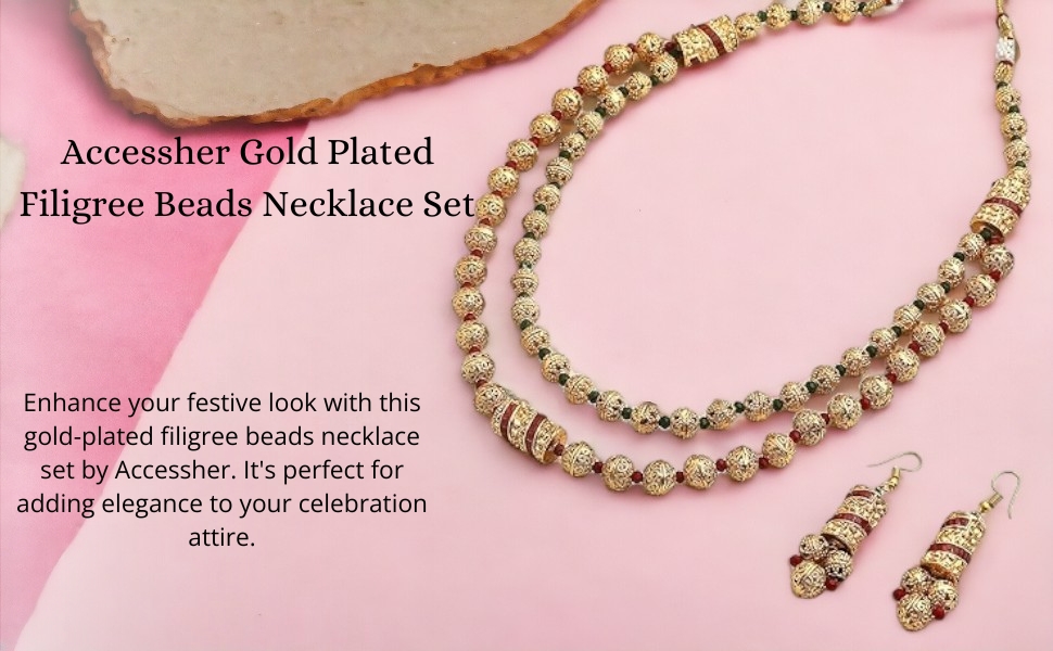 ACCESSHER Gold Plated  Handcrafted Long Multi Strand Pearl Necklace with Earrings