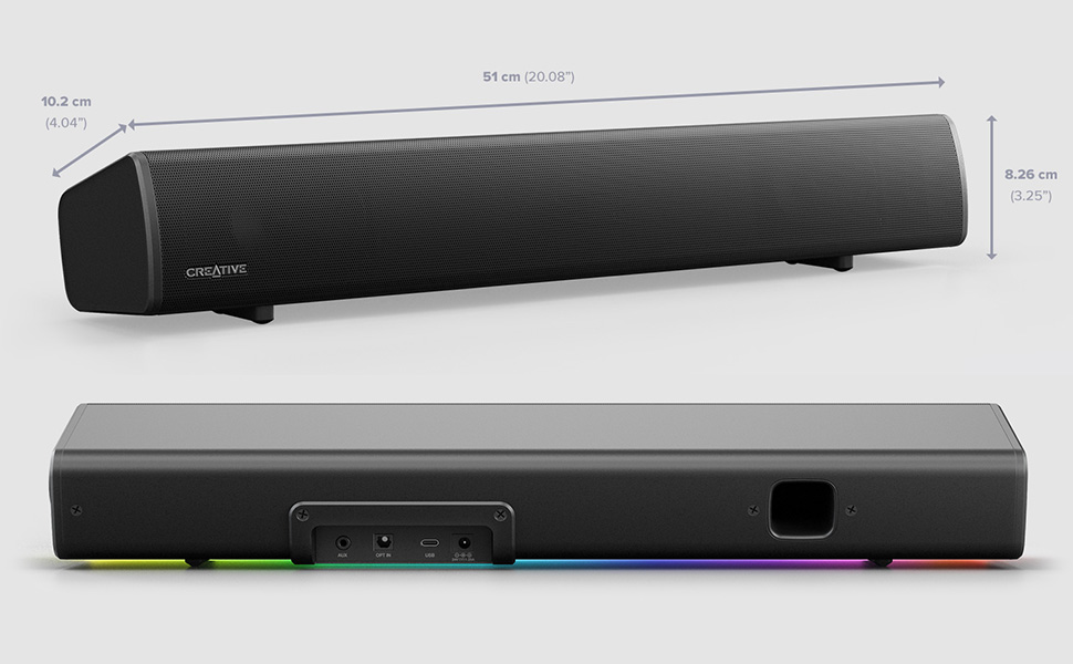 Gaming soundbar with RGB lighting and SuperWide Technology