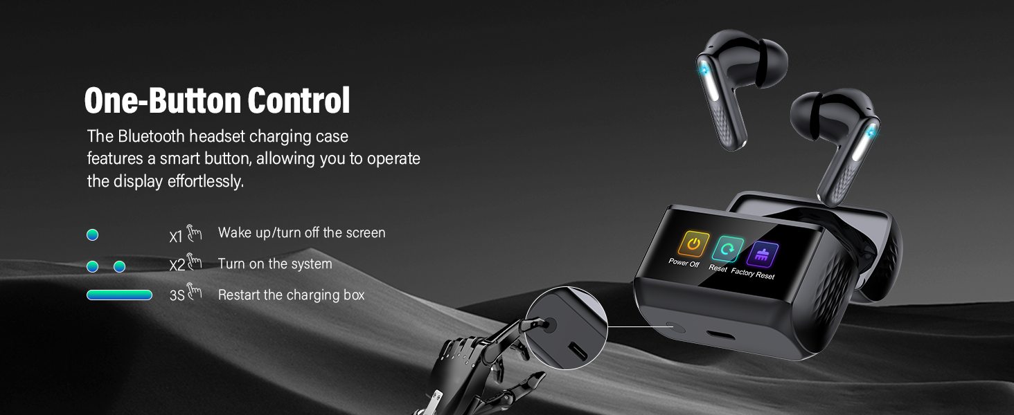Text reads 'One-Button Control'. Product image showing wireless earbuds with a digital display interface showing touch controls and settings.