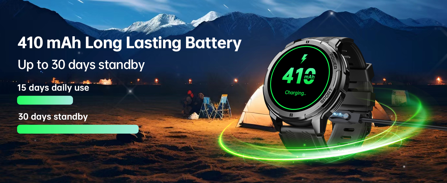 Text reads '410 mAh Long Lasting Battery' and 'Up to 30 days standby'. Digital watch interface display showing battery indicator against nighttime mountain backdrop.