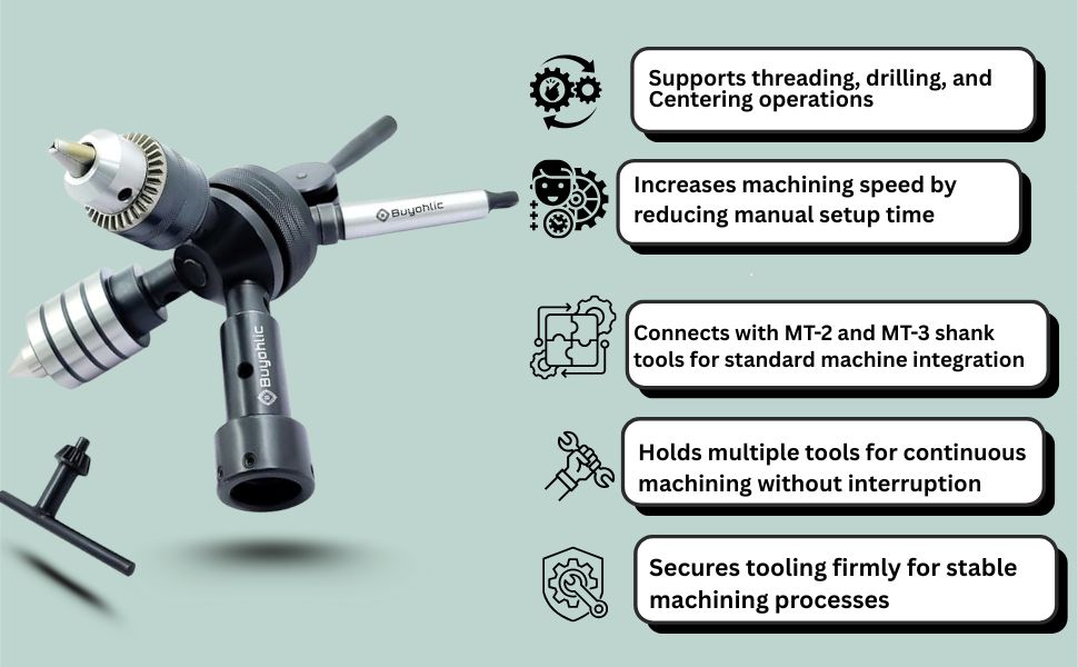Quad Head Tailstock Turret MT-2 with Drill Chuck,Die Holder