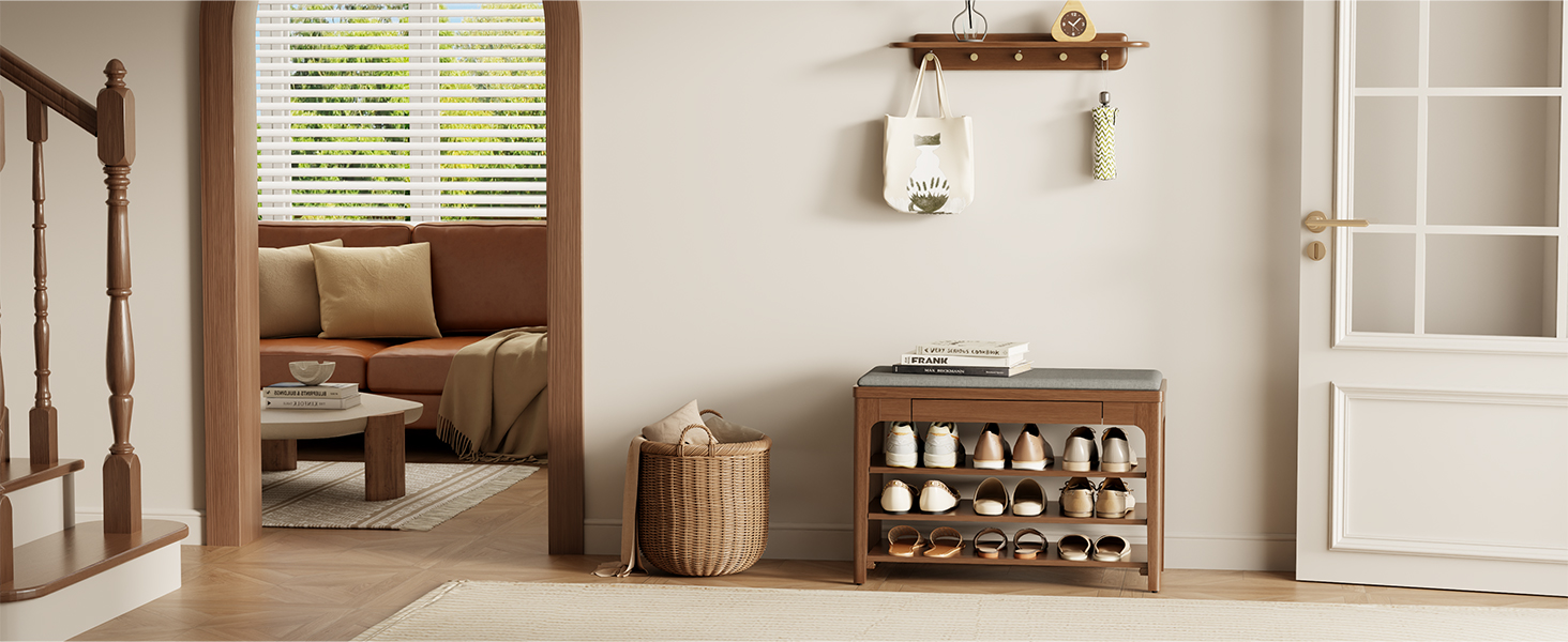 YQJJGL small shoe bench with storage, Wooden Shoe Storage Bench with Cushion&Hidden Drawer