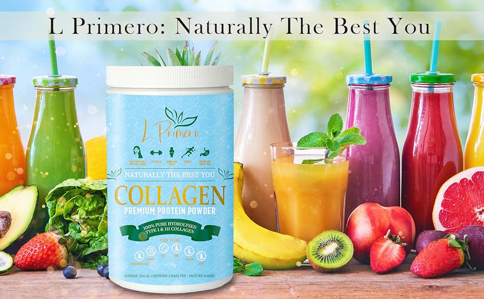 Kleurrijke fruitsmoothies en sappen met L Primero Collageenbad in midden