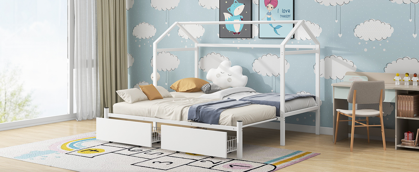 Twin XL to King Metal Twin Size House Platform Bed with 2