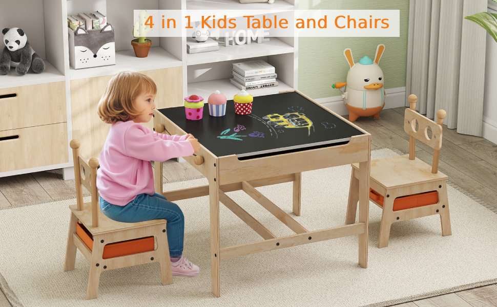 Text reads '4 in 1 Kids Table and Chairs'. Wooden children's furniture set showing table and chairs in use, with storage compartments visible beneath seats.