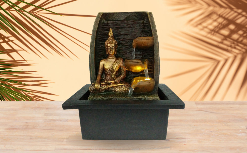 Creative Touch Golden Buddha with Water Cups and LED Light Indoor Water