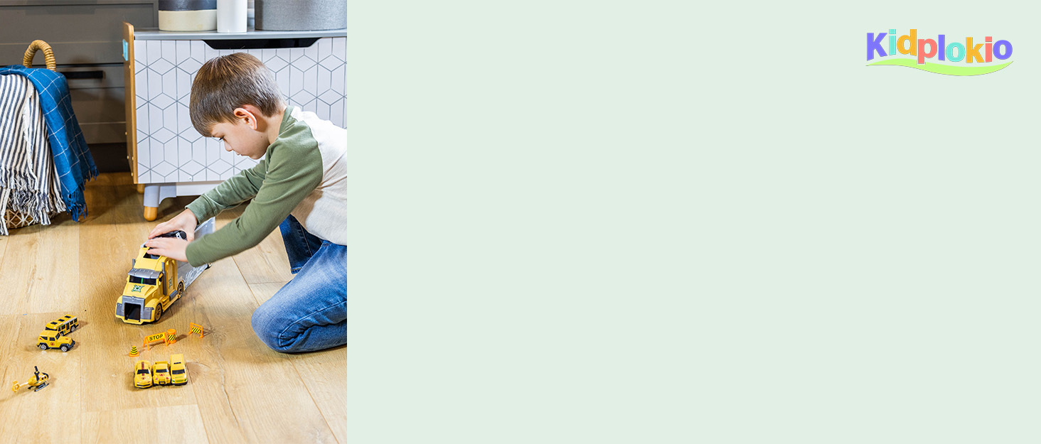 Kidplokio brand story desktop image with image of a kid playing and a green background and logo