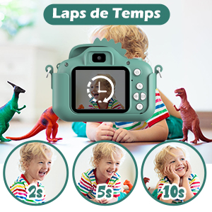 avec fonction time-lapse. Trois images circulaires montrent l'évolution de l'expression d'un enfant en 3, 5 et 10 secondes.