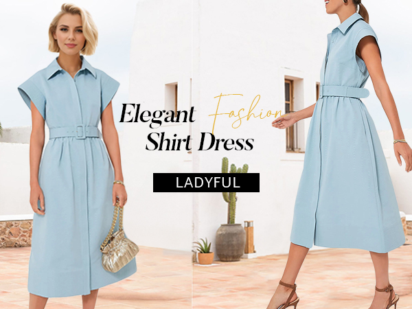Ladyful Women Casual Button Down Shirt Dress Short Wing