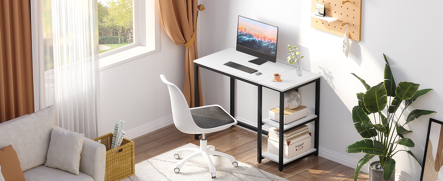 a white desk with a computer and a white chair