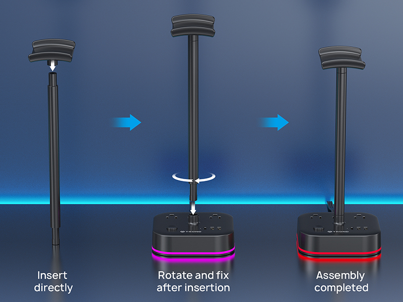 TROND Gaming Headset Stand with USB C, 3 Power Outlets, RGB Light Desk