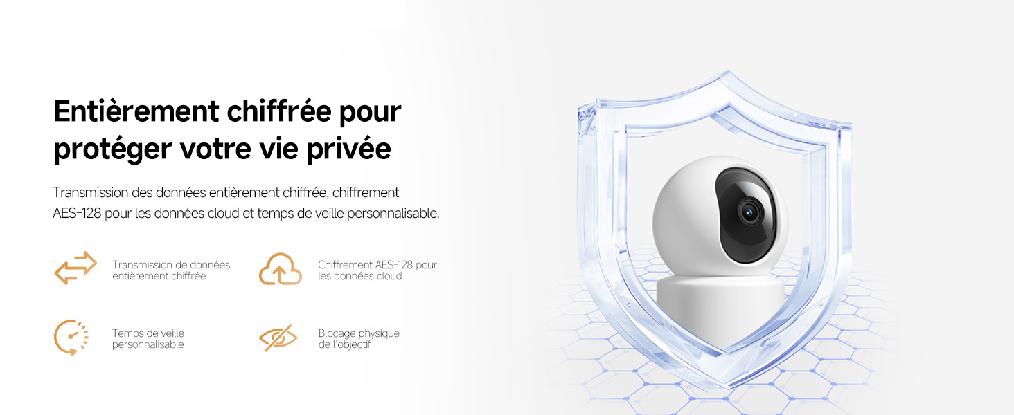 Le texte se lit comme suit : « Entraînement chiffré pour protéger votre vie privée ». Interface technique ou écran d'application affichant des icônes circulaires et des éléments de protection des données.