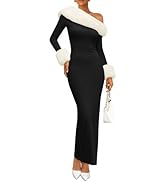 ZESICA Women's 2025 Fall Off Shoulder Sweater Dress Formal Long Sleeve Faux Fur Knit Bodycon Side...