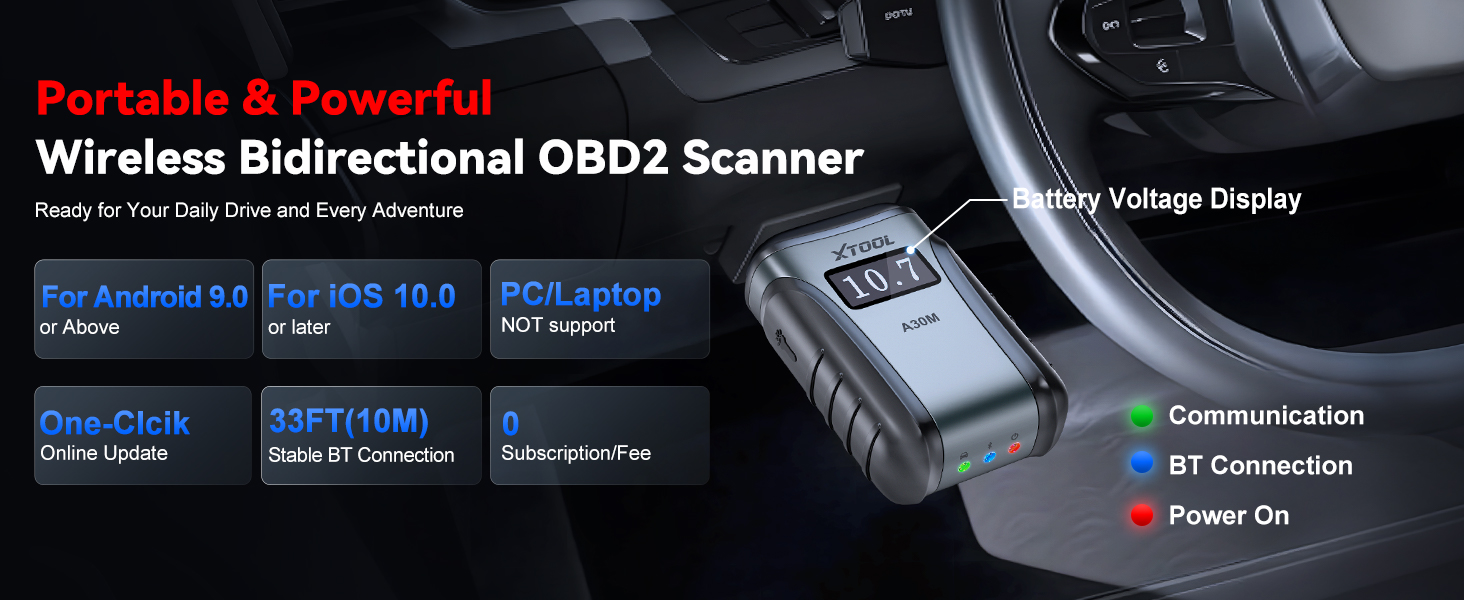 Wireless OBD2 scanner device with voltage display, compatible with Android, iOS, and PC. Features Bluetooth connectivity and real-time data transmission for vehicle diagnostics.