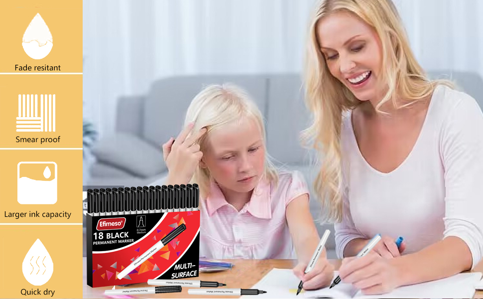 Efimeso Black Permanent Markers,18 Fine tip Permanent Marker Pens,Black