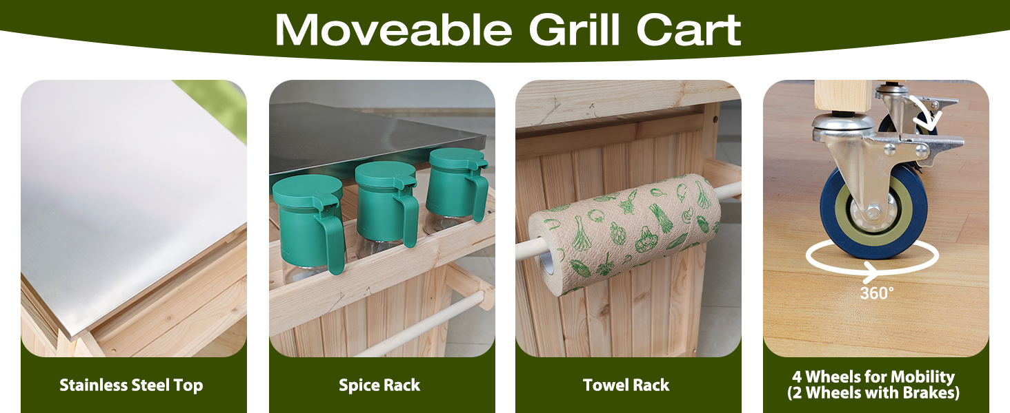  Moveable Solid Wood Outdoor Grill Cart