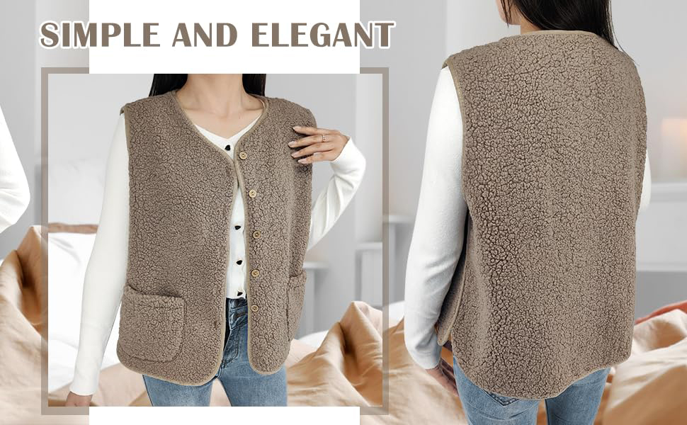 Le texte indique « SIMPLE ET ÉLÉGANT ». Plusieurs vues d'un gilet polaire beige avec poches et fermeture à glissière, montré porté et posé à plat.