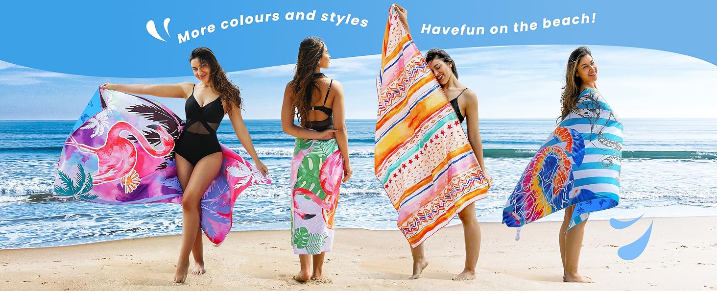 Four women on a beach holding colorful, patterned beach towels. Text reads 'More colours and styles' and 'Relax on the beach!'