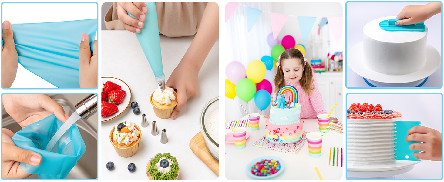 Collage aus farbenfrohen Back- und Partyvorbereitungsszenen mit Werkzeugen zum Dekorieren von Kuchen, zur Herstellung von Desserts und festlichen Accessoires