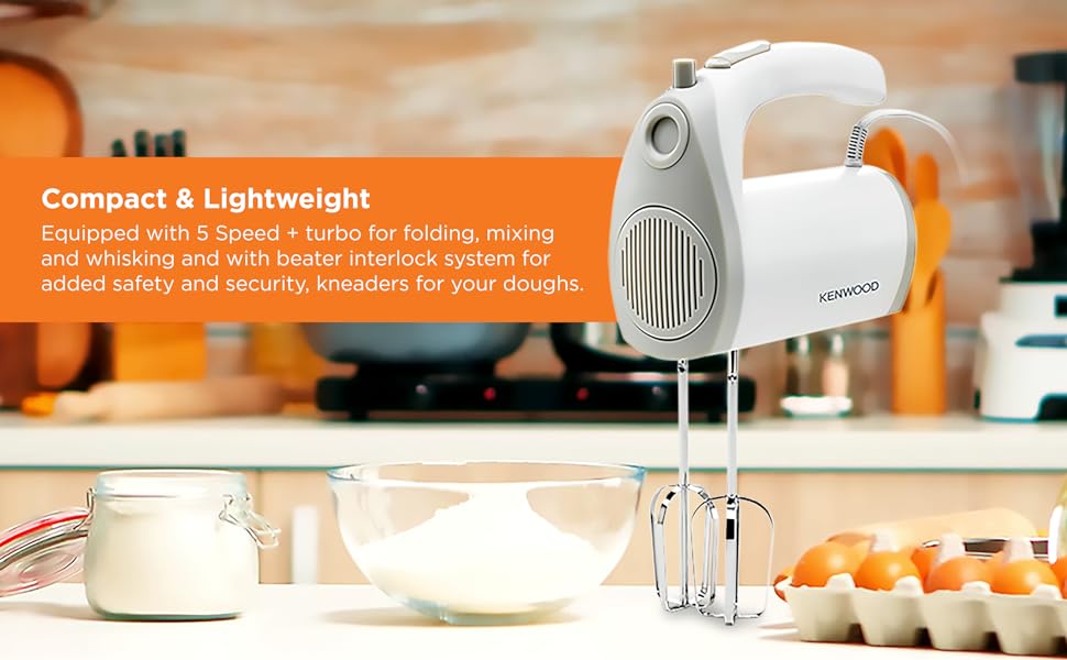 Kenwood Hand Mixer (Electric Whisk) 300W With 5 Speeds + Turbo Button, Twin Stainless Steel Kneader And Beater For Mixing, Whipping, Whisking, Kneading Hmp20.000Wh 14 Hmp20.000Wh