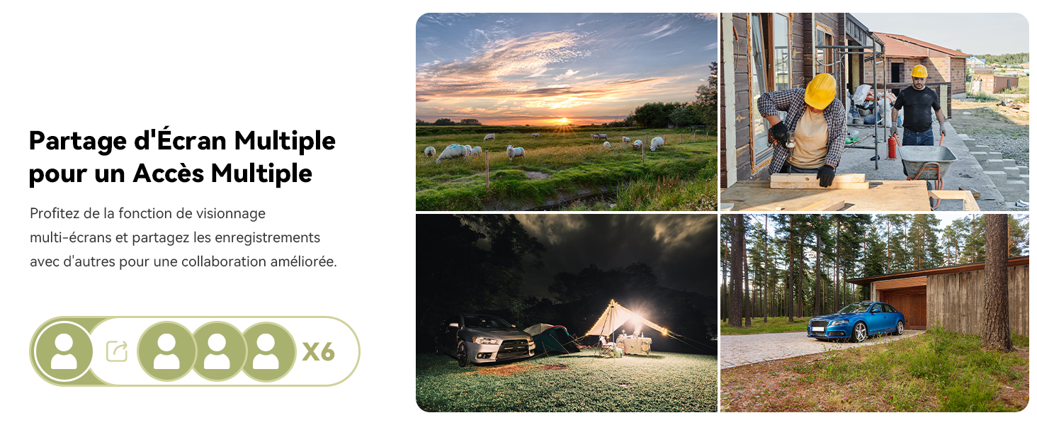 Collage de scènes de camping en plein air avec superposition de texte, montrant lites tentes et vehicules dans les environnements natures.