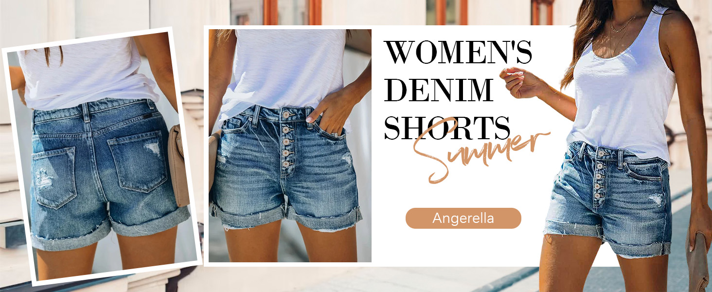 Women's Ripped Denim Jean Shorts Mid Rise Stretchy Folded Hem Short Jeans