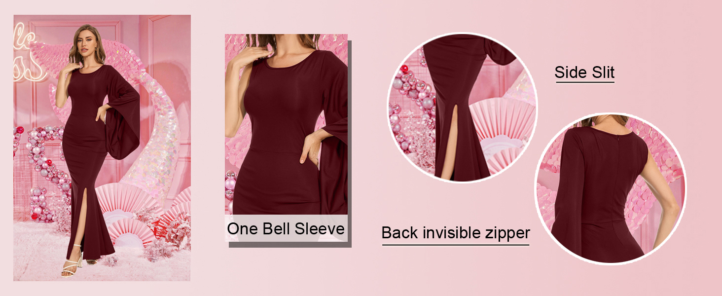 Women's Elegant One Bell Sleeve Side Split Bodycon Long Formal Evening Dress