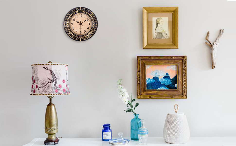 Vintage Wall Clocks for Living Room Decor, 12 in Small Kitchen Wall Clock Battery Operated, Silent Rustic Retro Mid-Century Decorative Wall Clock for Office/Bathroom/Bedroom, Black Golden 19 vintage wall clock