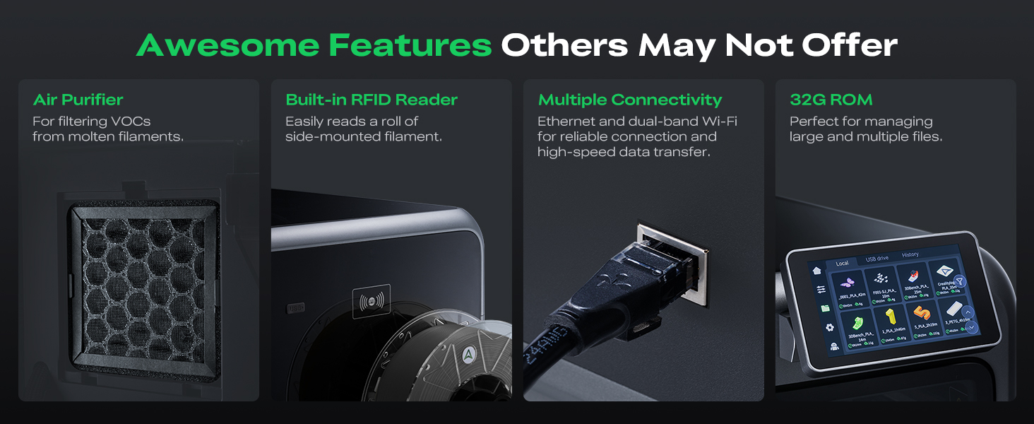 Text reads 'Awesome Features Others May Not Offer'. Three dark panels showing security keypad, key fob, and digital display interface with green accent lighting.