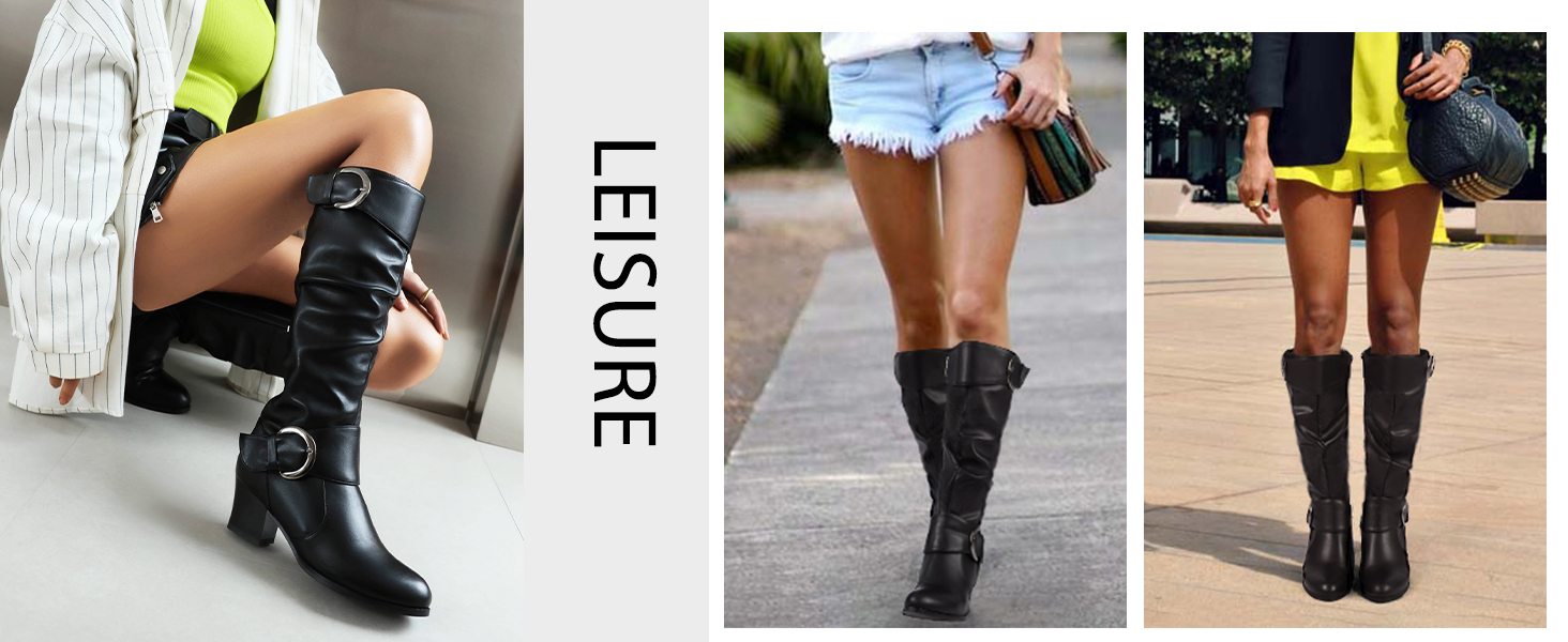 Collage aus drei Bildern, die schwarze kniehohe Stiefel zeigen, die zu verschiedenen Outfits gestylt sind und vielseitige Tragemöglichkeiten demonstrieren