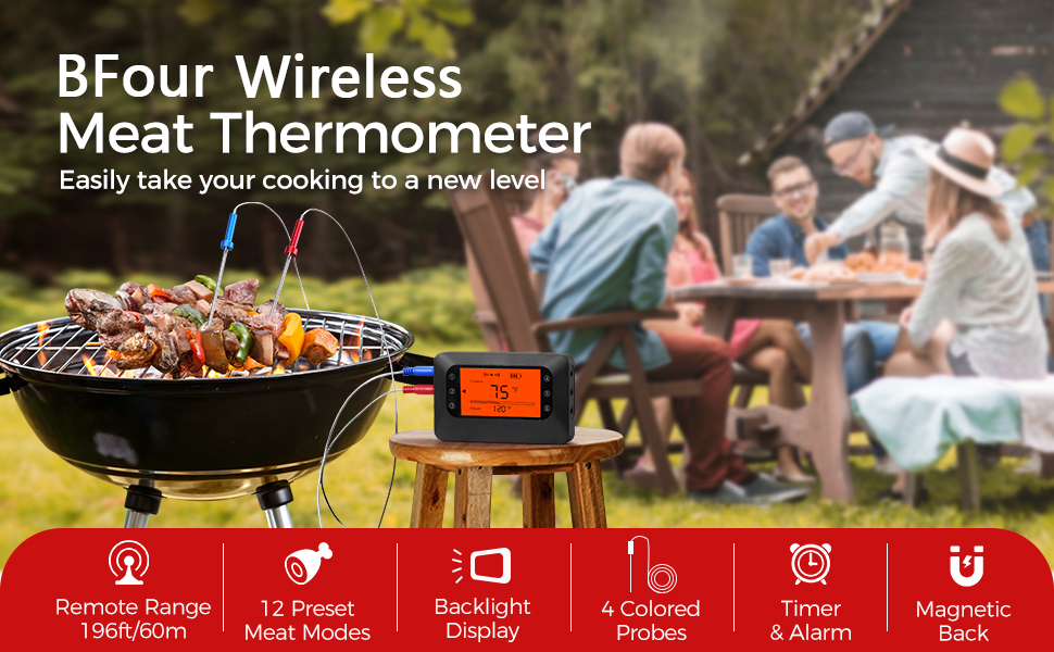 BFOUR Meat Thermometer, Wireless Bluetooth Thermometer 4 Colored Probes