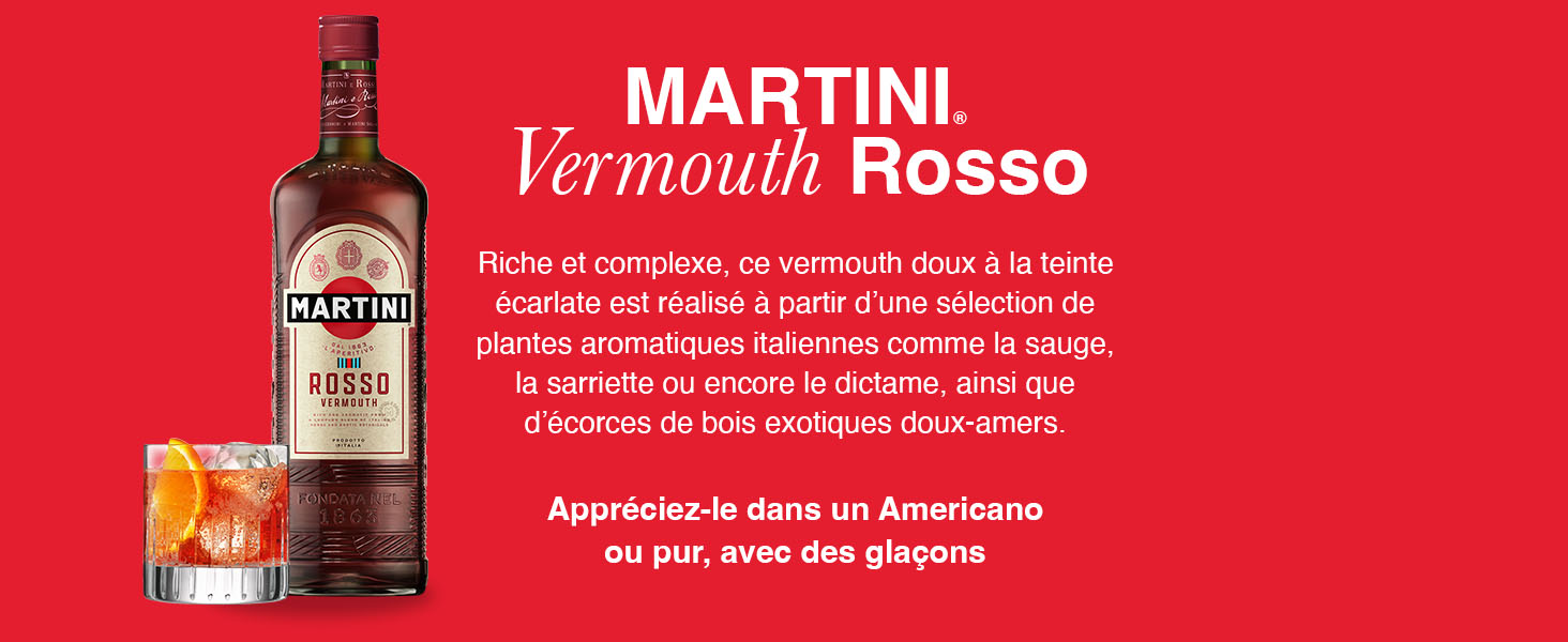 Bannière publicitaire rouge pour « Martini Vermouth Rosso » avec une bouteille et un présentoir en verre sur fond rouge.