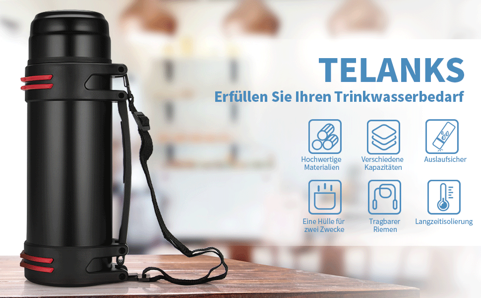 TELANKS Thermosflasche mit Becher 1 L, 1,5 L oder 2 L, Thermoskanne mit Becher, Trinkflasche