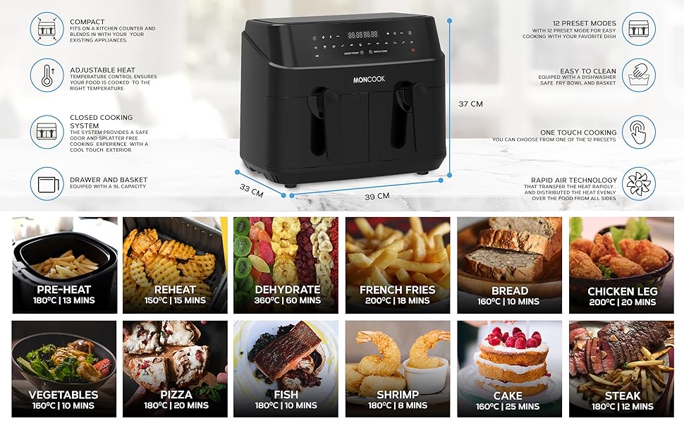 MONCOOK Double Air Fryer 2 In 1 Airfryer 9L With 2 x 4.5L Baskets