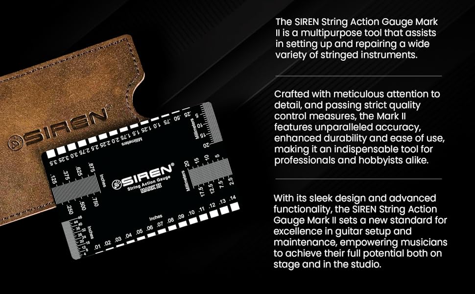 String Action Guage shown with leather case on the left and product description given on the right