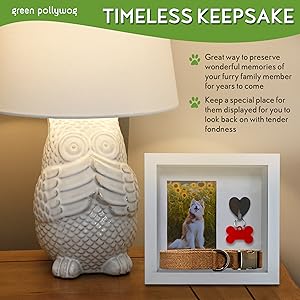 timeless keepsake pet furry friend picture and tag shadowbox frame white sitting on nightstand 