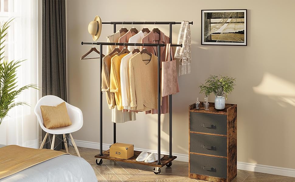Rolanstar Double Rod Garment Rack, Heavy Duty Clothes Rack