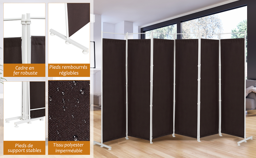 COSTWAY Paravent Intérieur à 6 Panneaux Pliable Détachables 300x 180 Cm/Cloison De Séparation Cadre En Fer Fibre De Polyester-Facile à Déplacer Et à Assembler-Noir 17 Paravent Intérieur à 4/6 Panneaux Pliable Détachables