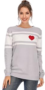 Womens Knit Red Heart Striped Sweaters Long Sleeve Crew Neck Pullovers