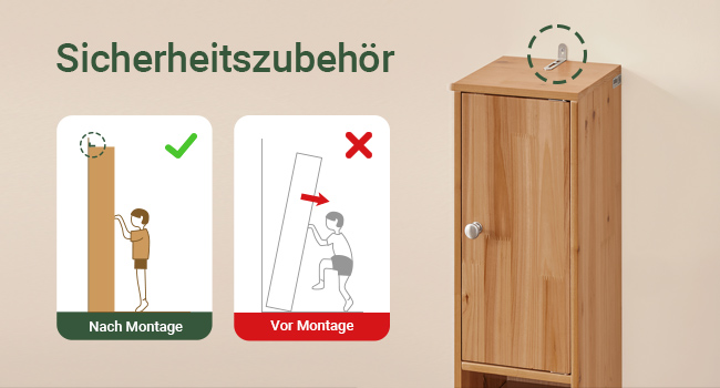 Sicherheitshinweise für Holzschränke. Das linke Bild zeigt die korrekte Verankerung nach der Montage. Das rechte Bild zeigt eine falsche Kippgefahr bei der Vormontage. Der Schrank ist mit einem Wandanker an der Oberseite sichtbar