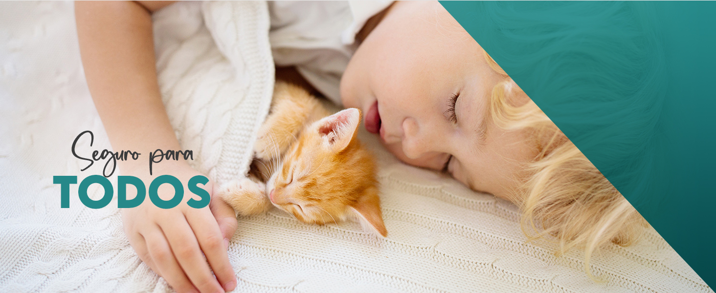 Um gato pelirrojo que descansa sobre uma roupa de cama branca com detalhes em verde azulado, com o texto superposto «Compre